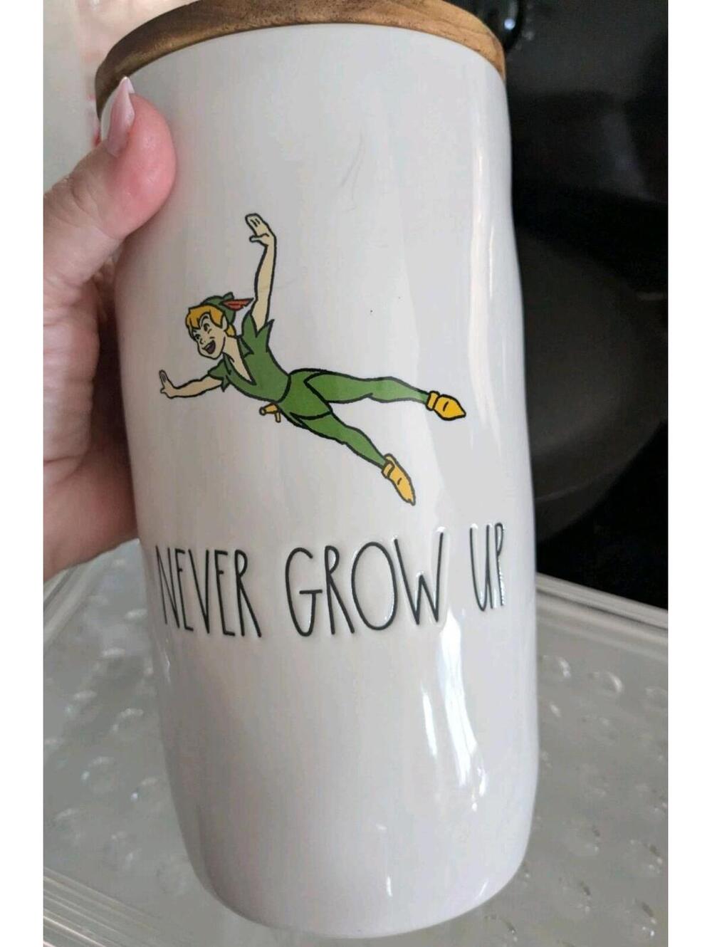 Rae Dunn Artisan Disney PETER PAN Never Grow Up Ceramic Canister with Wood Lid